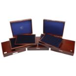 Lighthouse mahogany coin cases (5), 33 x 27 x 7cm and 33 x 27 x 6cm (4), one with four trays...