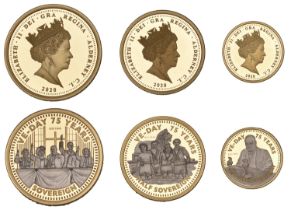 Alderney, Elizabeth II, Sovereign, Half-Sovereign and Quarter-Sovereign, all 2020, 75th Anni...