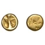 British Iron Age, GALLO-BELGIC, Quarter-Stater, series D [Boat Tree type], crescent with two...