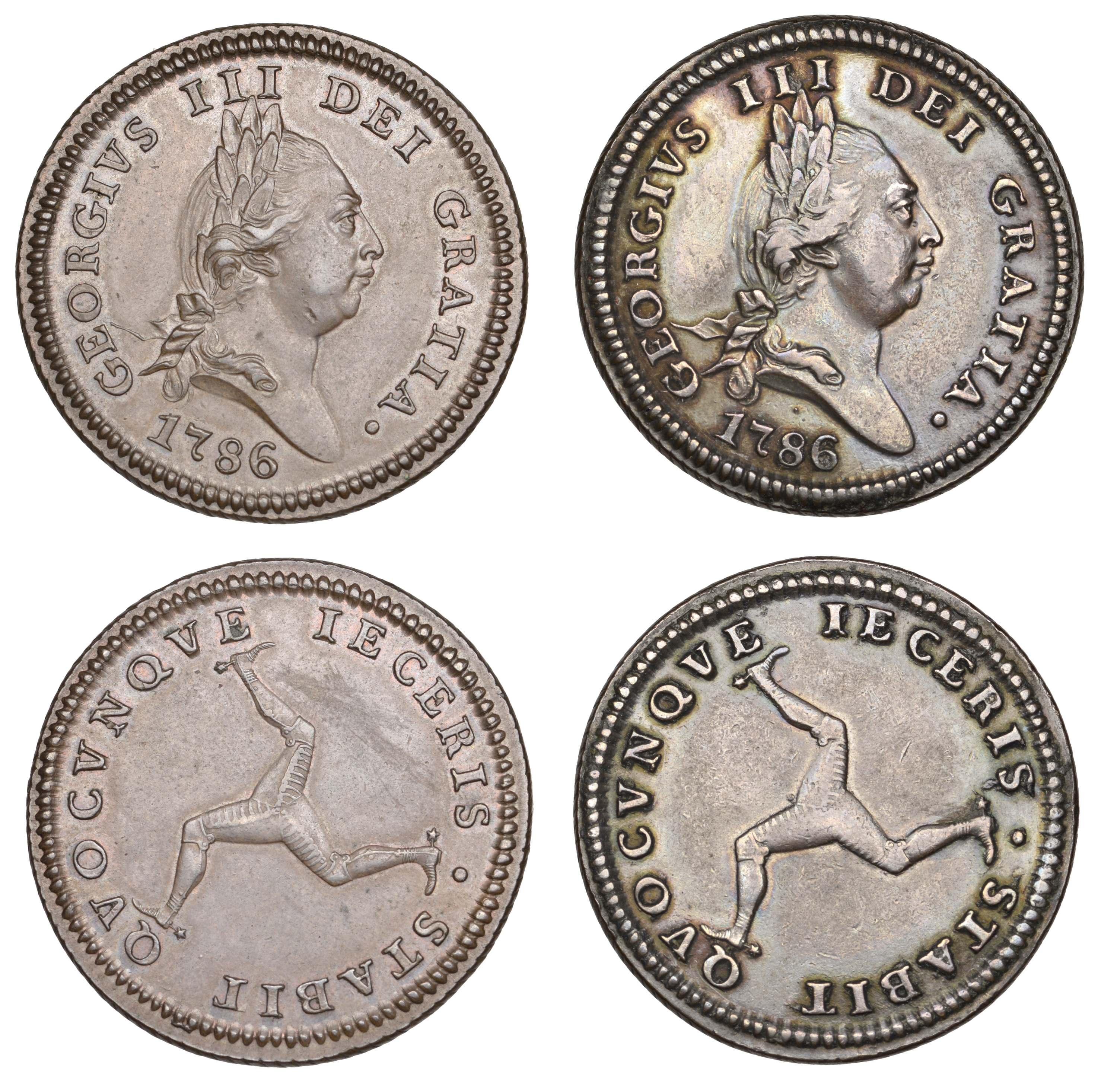 Isle of Man, George III, Pennies (2), both 1786, with and without pellet below bust (S 7413)...