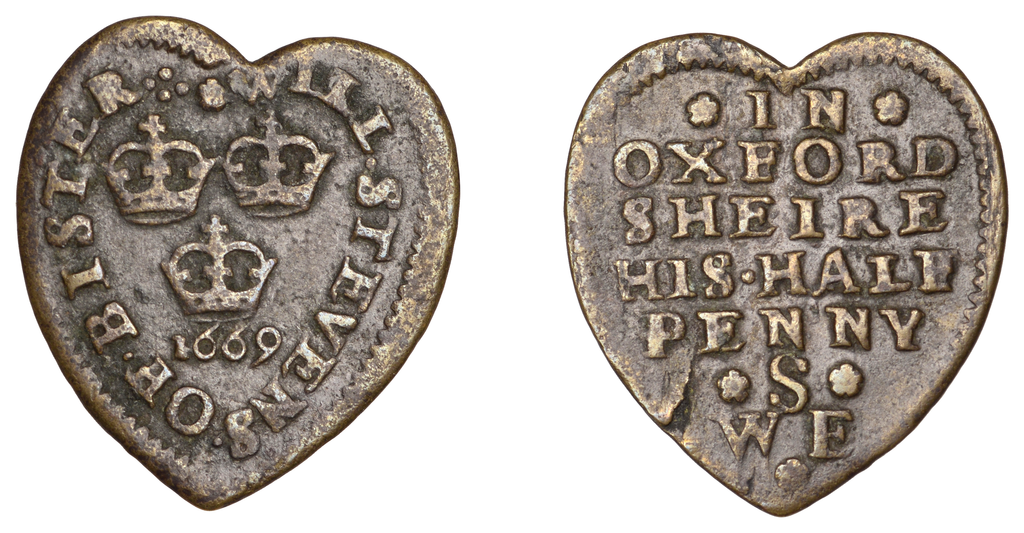 Bicester, Will Stevens, heart-shaped Halfpenny, 1669, 1.88g/12h (M 40; N 3595; BW. 43). Good...