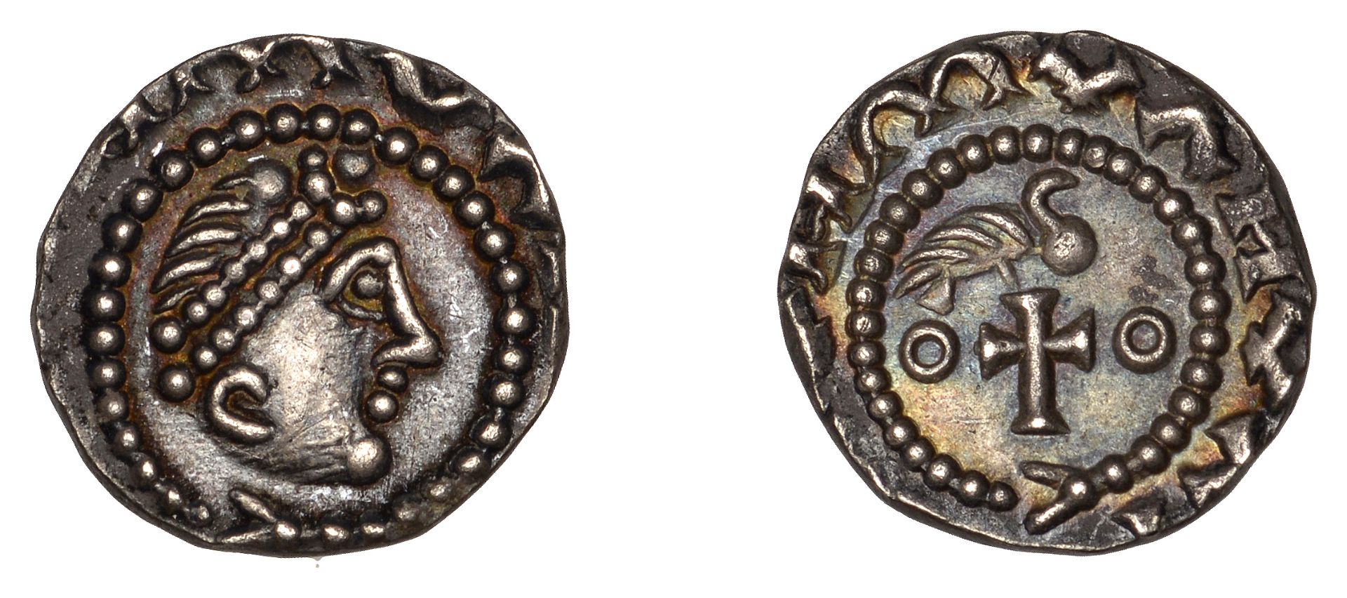 Early Anglo-Saxon Period, Sceatta, Primary series BI, diademed head right within clockwise b...