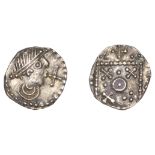 Early Anglo-Saxon Period, Sceatta, Secondary series G, type 3a(c), draped bust right with st...