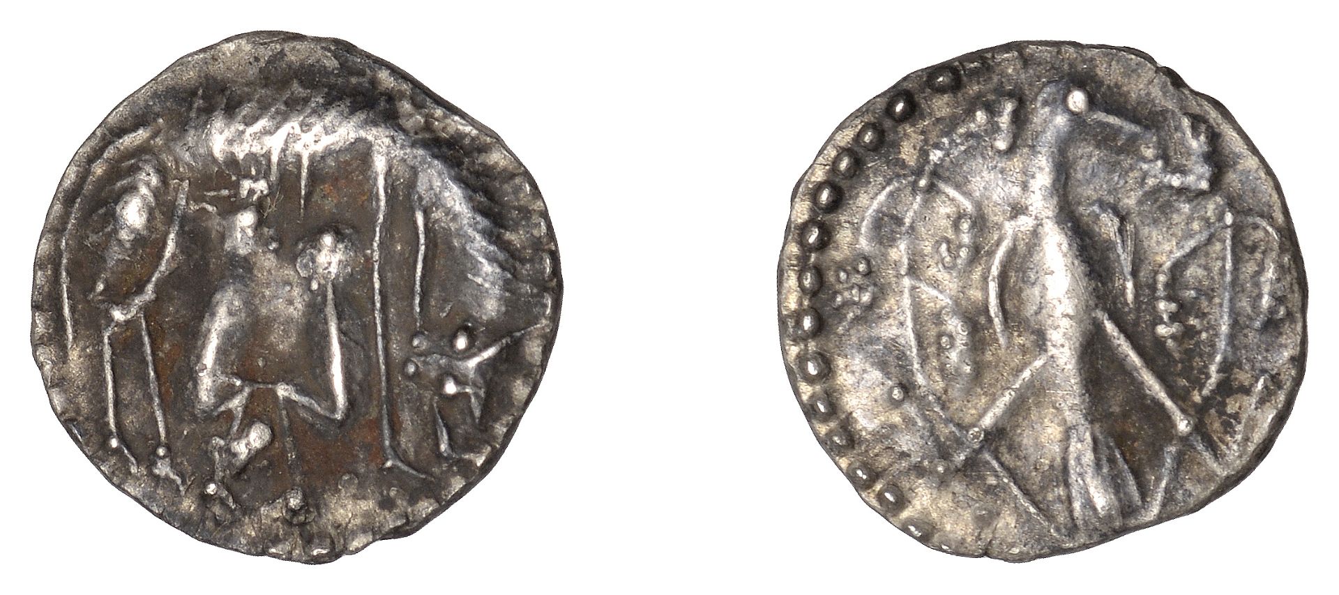 Early Anglo-Saxon Period, Sceatta, Secondary series V, type 7, she-wolf right, looking down,...