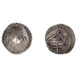 Early Anglo-Saxon Period, Sceatta, Secondary series J, type 85, head right with double-beade...