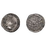 Early Anglo-Saxon Period, Sceatta, Secondary series J, type 85, head right with double-beade...