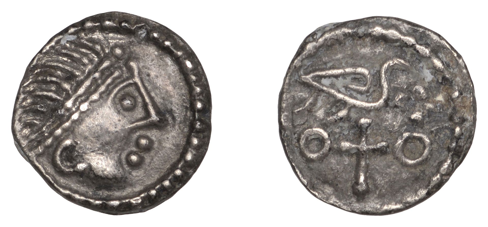 Early Anglo-Saxon Period, Sceatta, Secondary series J, type 85, head right with double-beade...