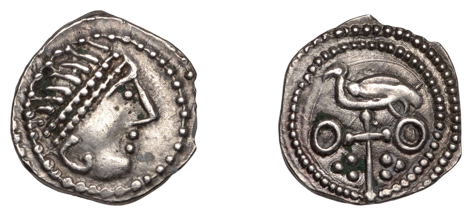 Early Anglo-Saxon Period, Sceatta, Secondary series J, type 85, head right with double-beade...