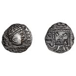 Early Anglo-Saxon Period, Sceatta, Primary series A1, radiate head right, tiic in front, bro...
