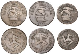 Isle of Man, James Stanley, Pennies (2), both 1733, 10.61g, 9.04g, Halfpenny, 1733, 5.66g (P...