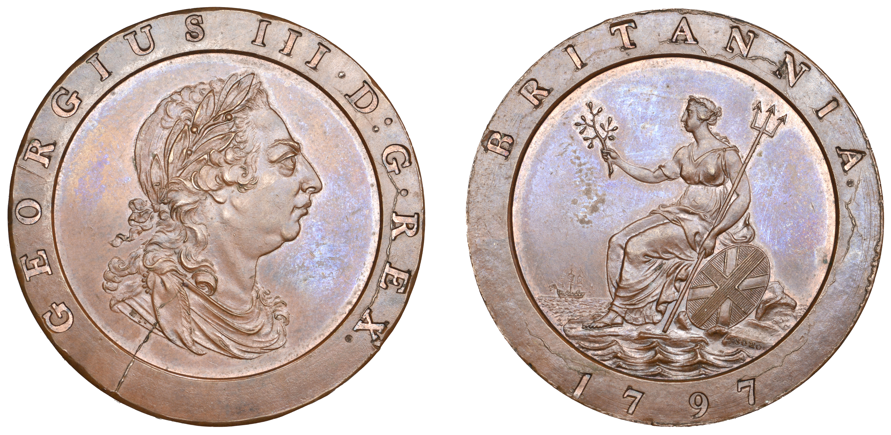 George III (1760-1820), Taylor Workshop, London, Restrike Proof Twopence, 1797, in copper, d...