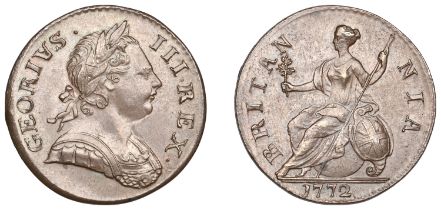 George III (1760-1820), Tower Mint, London, Halfpenny, 1772, laureate bust right, legend rea...