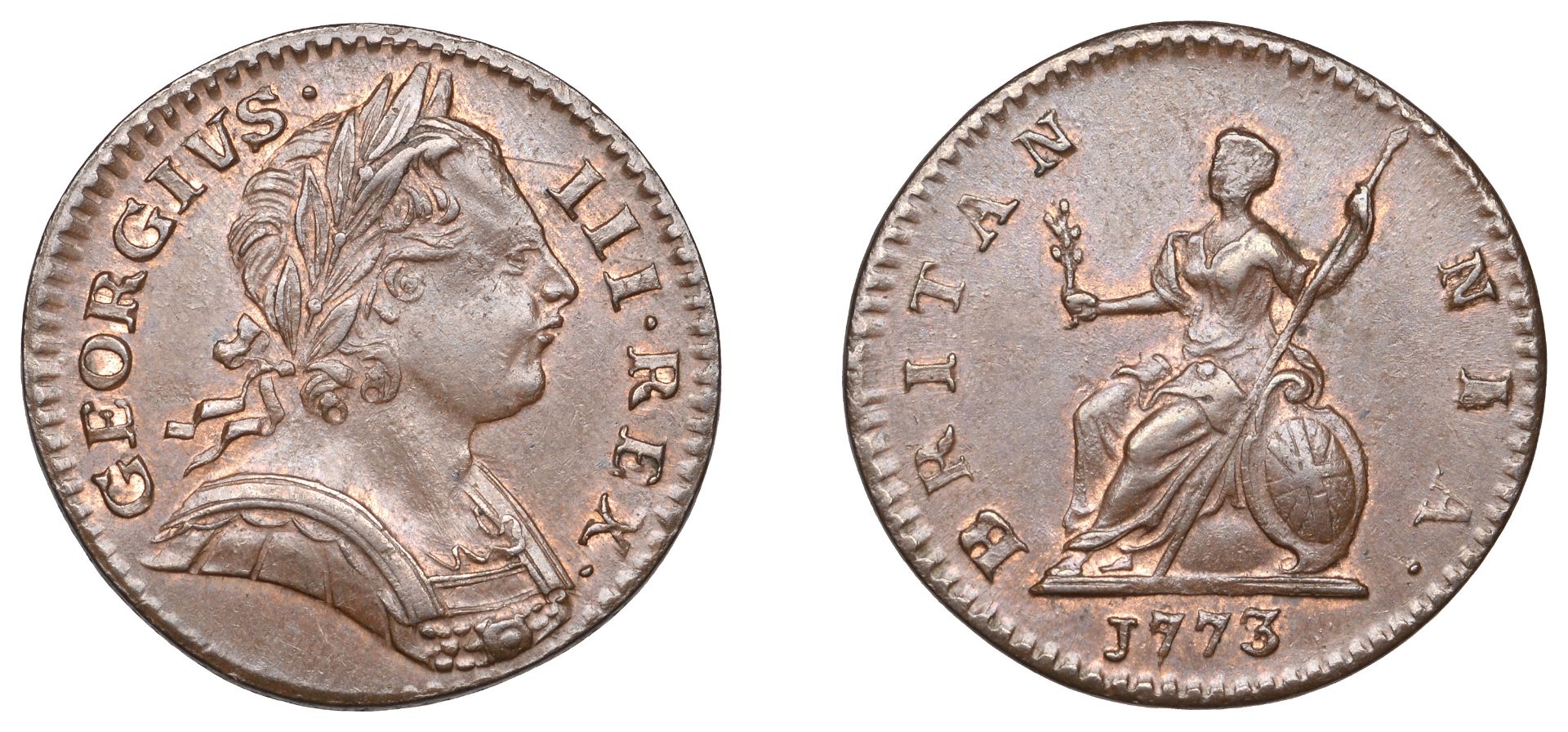 George III (1760-1820), Tower Mint, London, Farthing, 1773, obv. 1, laureate bust right, top...