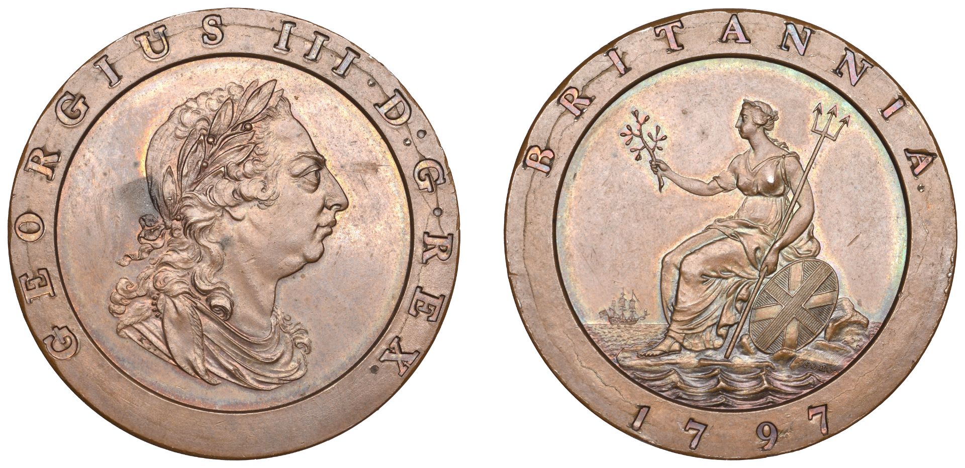 George III (1760-1820), Soho Mint, Birmingham, Proof Twopence, 1797 (late Soho), in copper,...