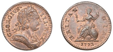 George III (1760-1820), Tower Mint, London, Farthing, 1773, obv. 2, laureate bust right, top...