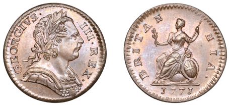George III (1760-1820), Tower Mint, London, Farthing, 1771, rev. C, laureate bust right, lar...