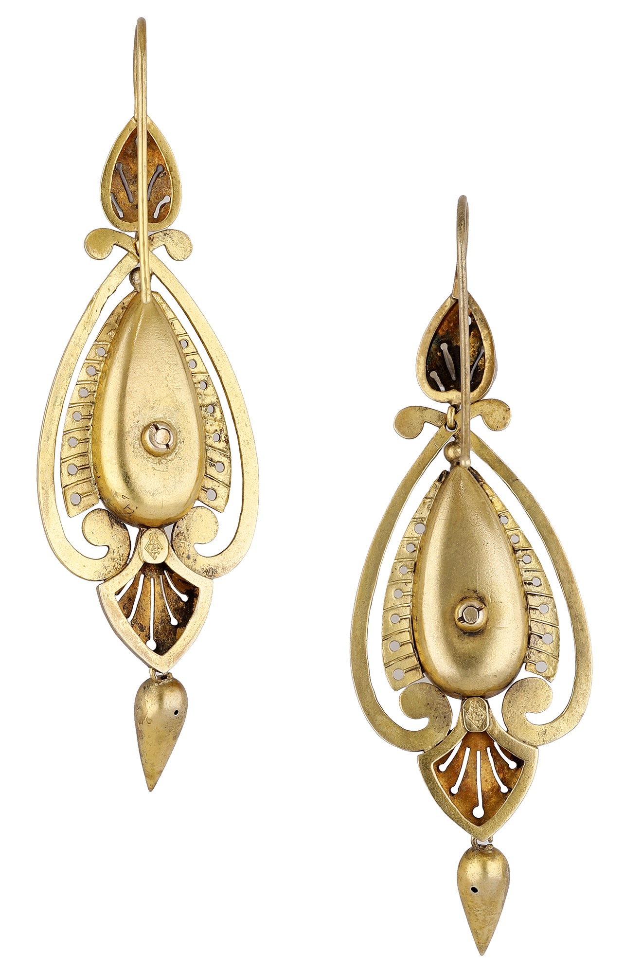 A pair of mid to late 19th century gold ear pendants, the hollow lozenge-shaped ear pendants... - Image 2 of 2