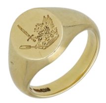 An 18ct gold signet ring, crested, Birmingham hallmark, maker's mark 'CG&S' probably for Cha...