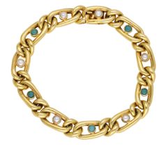 A late 19th century gem-set bracelet, the fancy-link chain alternately-set with turquoise ca...