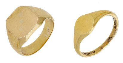 Two gold signet rings, with cushion-shaped and oval-shaped bezels respectively, the smaller...