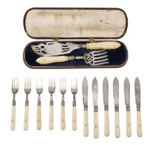 A pair of Victoria silver fish servers and six pairs of fish eaters, the serving knife with...