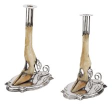 A pair of deer hoof candlesticks, truncated at the hock, the electro-plated mounts with doub...