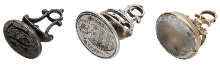 Three antique fob seals, comprising two 18th century Continental steel and an intaglio seal...