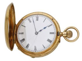 English: A gold half-hunting cased keyless watch, 1884. Movement: gilded three quarter plat...