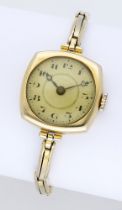 Swiss. A lady's gold cushion-form wristwatch with bracelet, circa 1920. Movement: manual wi...