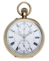 Swiss: Retailed by S. Smith & Son. A gold open-faced keyless chronograph watch, circa 1880....