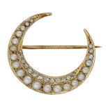 A pearl and diamond crescent brooch, circa 1900, set throughout with half-pearls, seed pearl...
