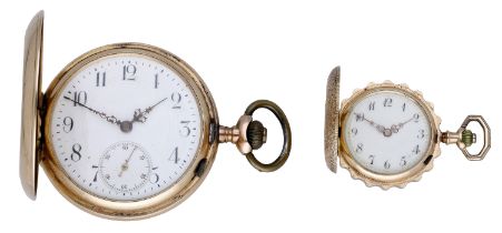 Swiss. A gold hunting cased keyless watch together with a lady's gold keyless watch, circa 1...