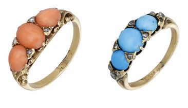 Two late 19th century rings, the first set with Corallium Rubrum cabochons with rose-cut dia...