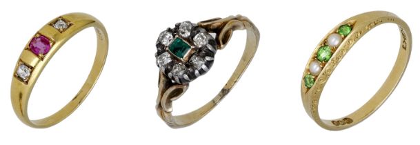 Three antique gem-set rings, comprising a ruby and diamond ring, an emerald and diamond clus...