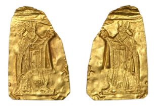 A post Medieval gold repoussÃ© plaque, punched from the reverse to depict a Bishop standing,...