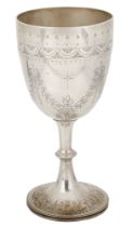 A Victoria silver large goblet, the body engraved with laurel swags beneath a border of lune...