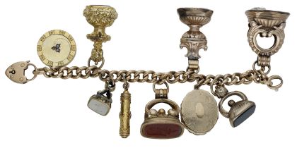 A collection of 19th century fobs, suspended from a 9ct gold curb-link chain, comprising a c...