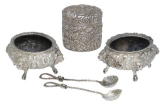 A pair of American silver oval salts, of English mid-18th century design, cast with lion mas...