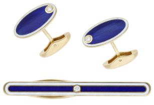 A pair of enamel cufflinks and tie clip en suite by FabergÃ©, designed by Victor Mayer, 18ct...