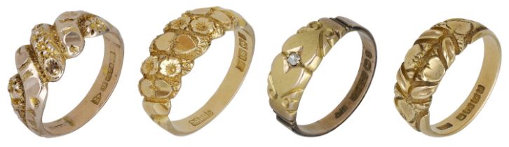 Four antique rings, each decorated to the front with a combination of heart and flowerhead m...