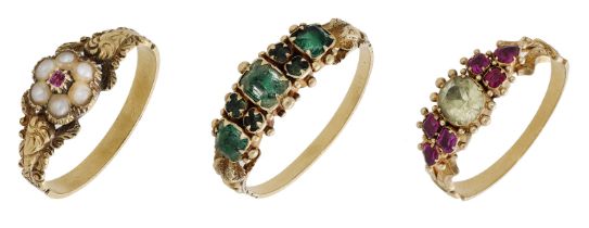 Three early 19th century gem-set rings, the first set with a seed pearl cluster, the second...