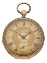 Swiss. A gold open-faced watch, circa 1860. Movement: cylinder escapement. Dial: gilt, Rom...