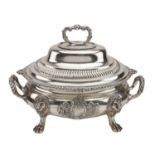 A George III silver soup tureen, of good gauge, the oval body with gadrooned rim and applied...