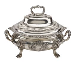 A George III silver soup tureen, of good gauge, the oval body with gadrooned rim and applied...