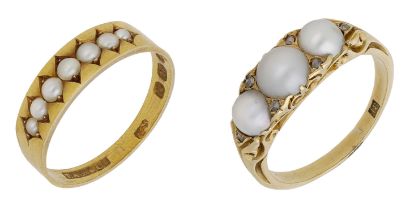 Two late 19th century pearl set rings, the first a seed pearl set band ring the second a thr...
