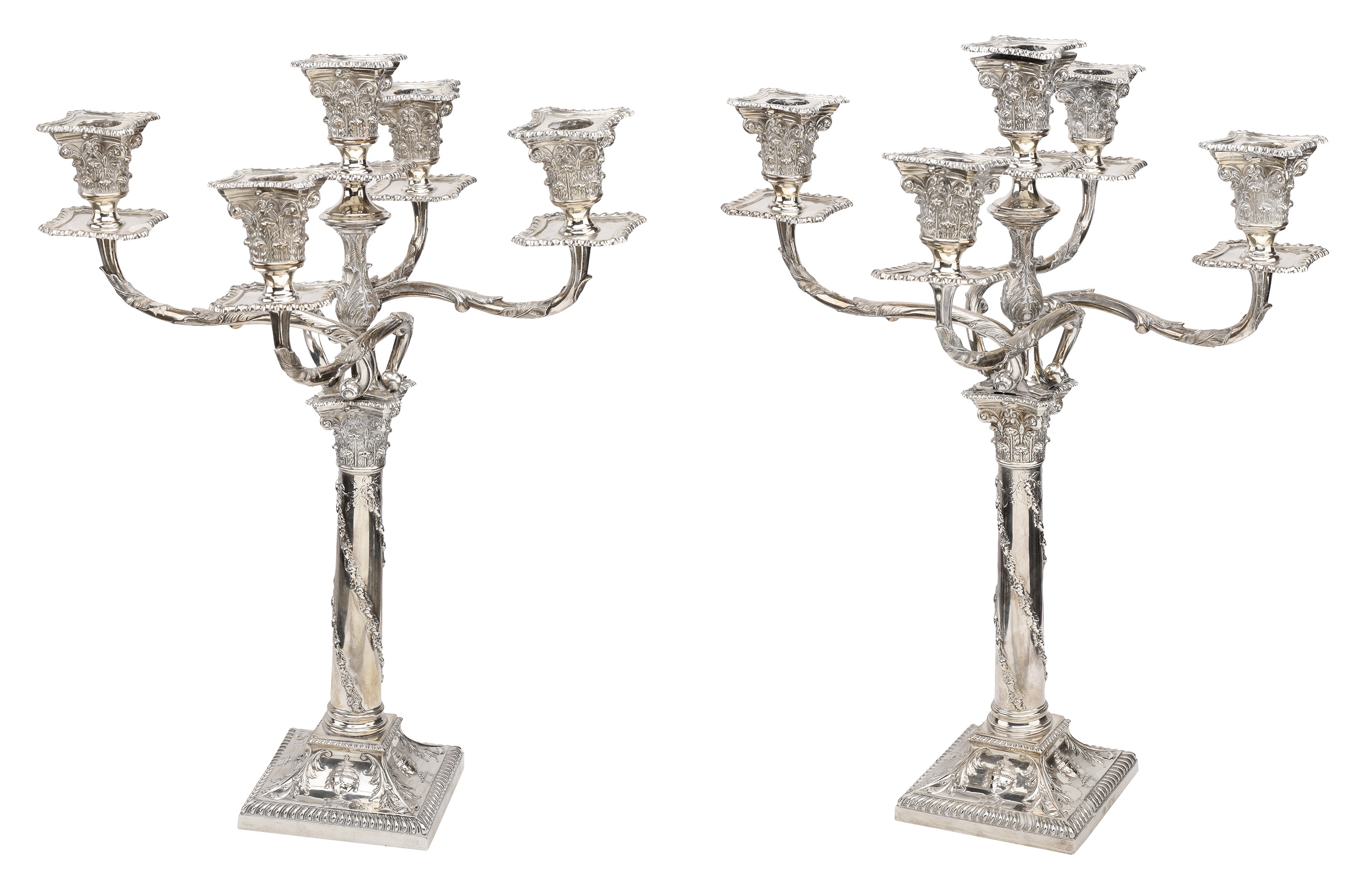 A pair of Victoria silver candelabra, of George III neo-classical design, with corinthian ca...