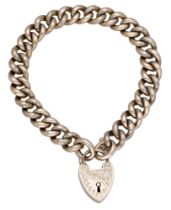 A 9ct gold curb-link bracelet, with engraved foliate decoration, the padlock clasp with mono...