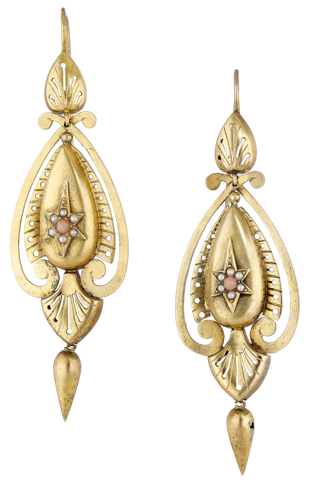 A pair of mid to late 19th century gold ear pendants, the hollow lozenge-shaped ear pendants...