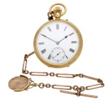 H. Woodward, Middlesex. A gold open-faced keyless watch with gold Albert chain and fob, 1911...
