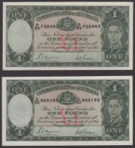 Commonwealth of Australia, Â£1 (2), ND (1939), serial numbers O/35 728963 and O/50 905193, Sh...